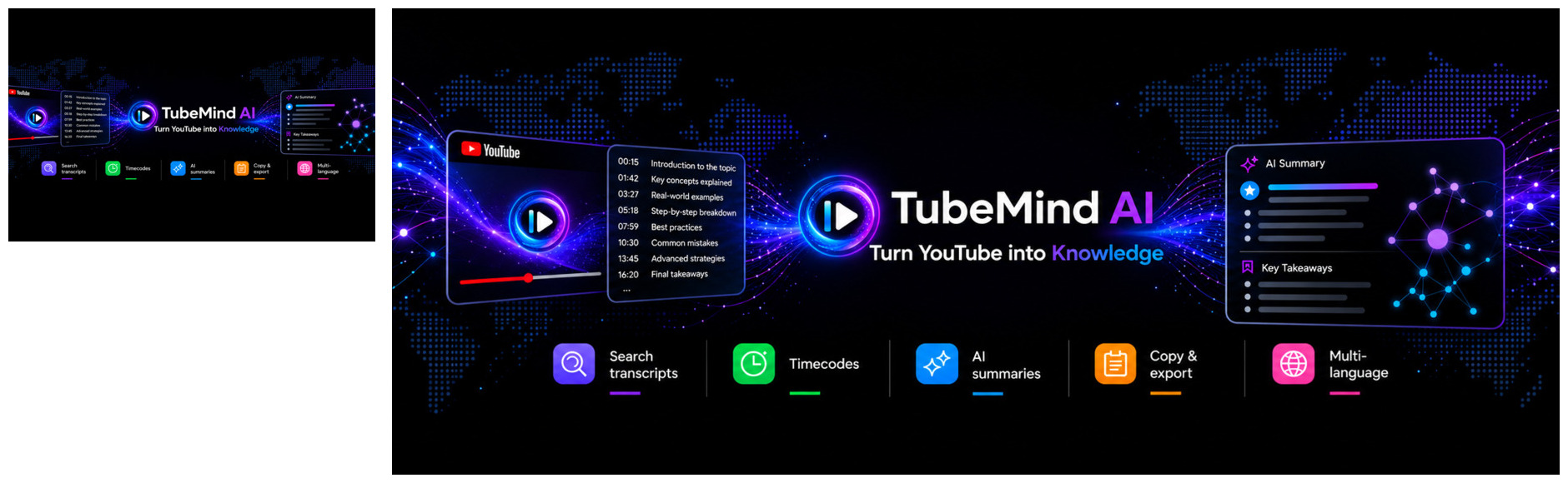 Интерфейс расшифровки и саммари TubeMind AI